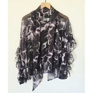 NWT N by Nancy Blouse Size M Sheer Black & Gray Long Ruffle Sleeve Tie Collar
